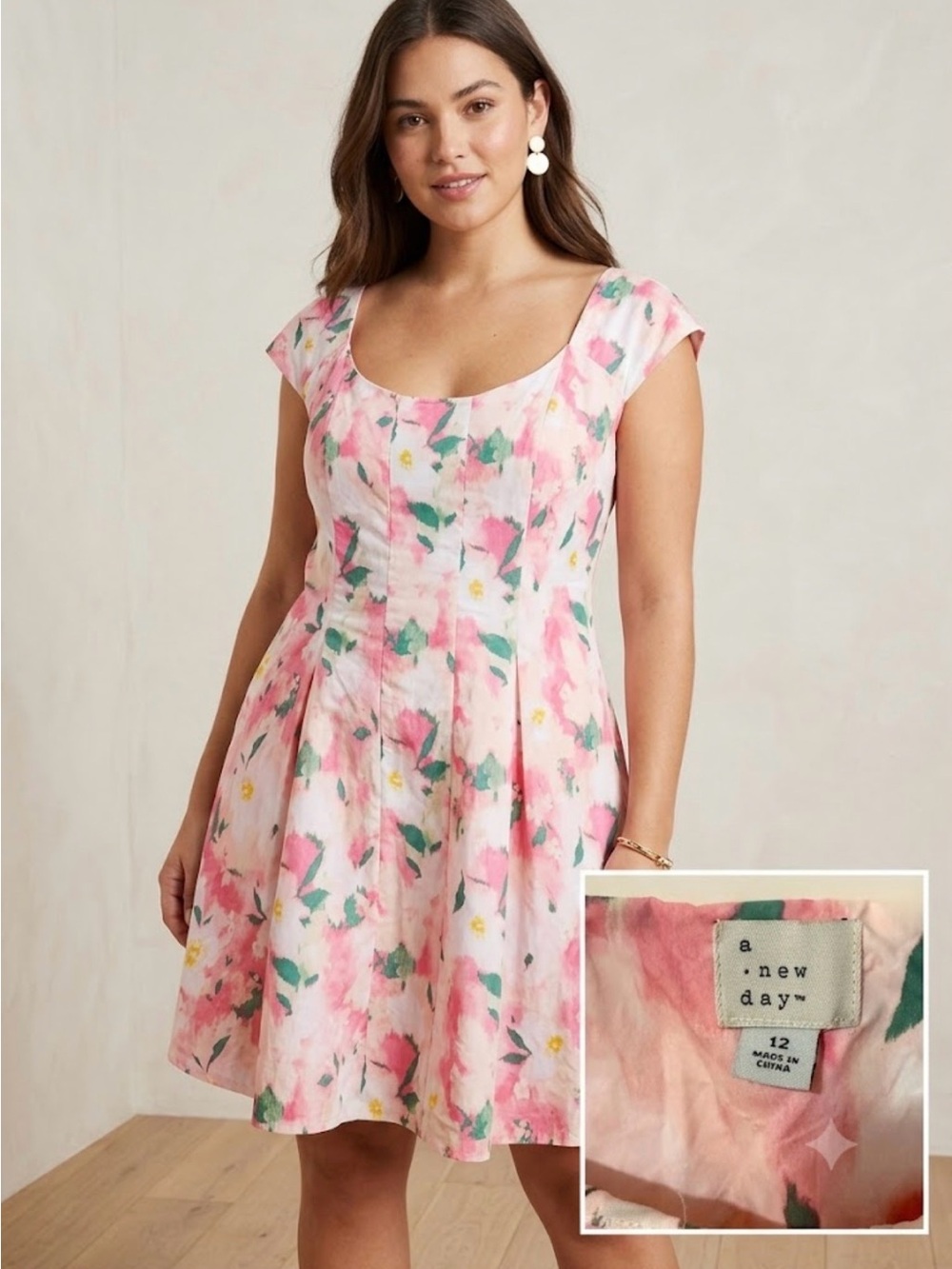 a new day Pink & Green Floral Scoop-Neck Fit-and-Flare Dress